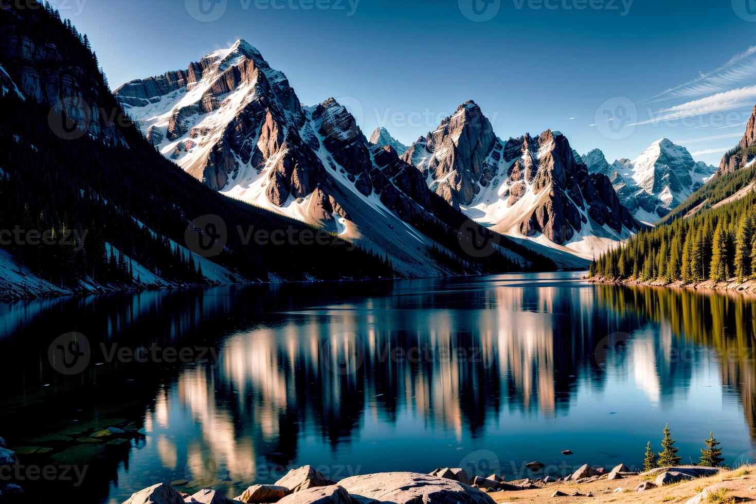 realista foto majestuoso paisaje de montaña lago con Perfecto reflexión