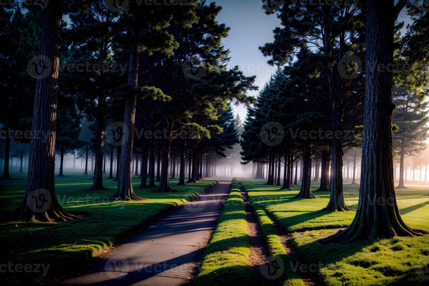 Realistic photo landscape of twilight in a city park forest with foggy mistery, AI Generative