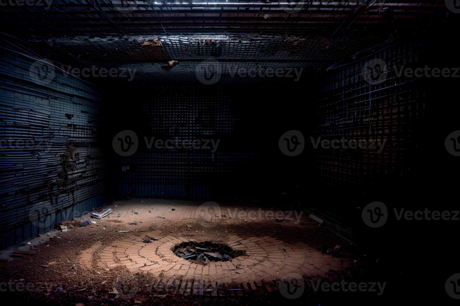 realista foto de destruido roto abandonado garaje fábrica habitación