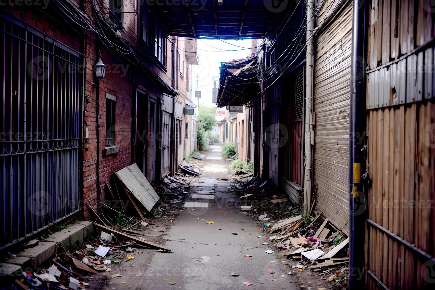 realista foto de abandonado callejón con escombros basura en el calle, ai generativo