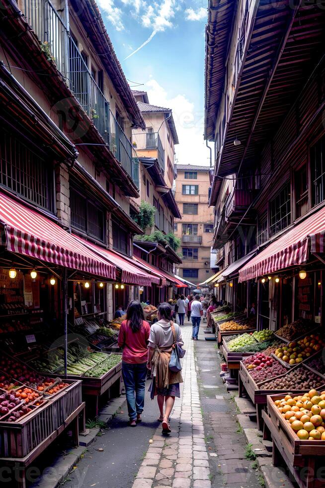 realista foto de mercado lleno con exótico frutas, ai generativo