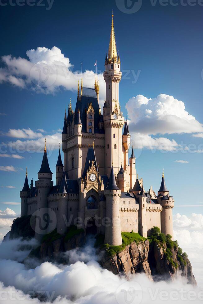 Realistic photo landscape of majestic castle floating in the clouds, AI generative