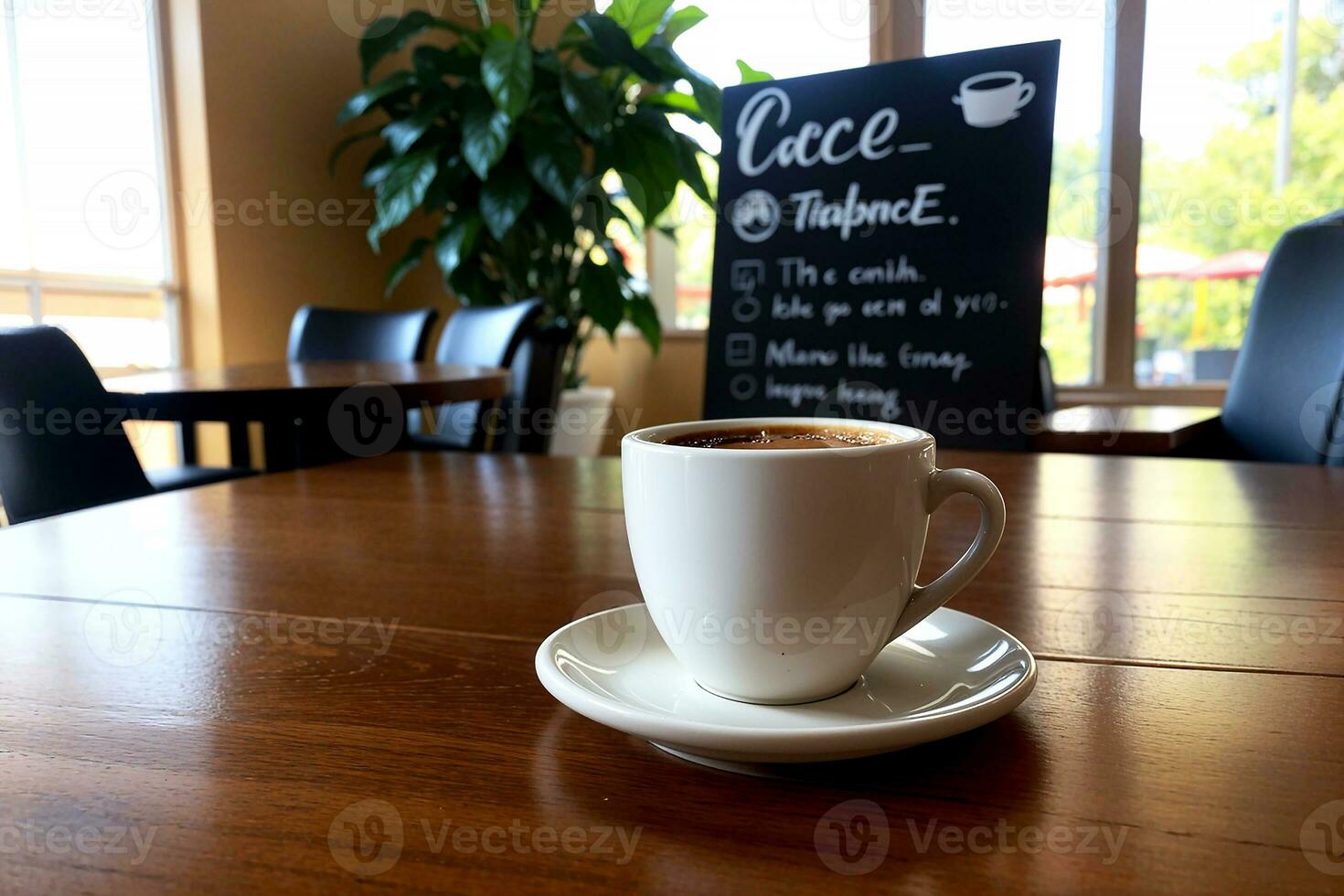 Realistic photo of a coffee cup on wood table in a coffee shop with cozy atmosphere