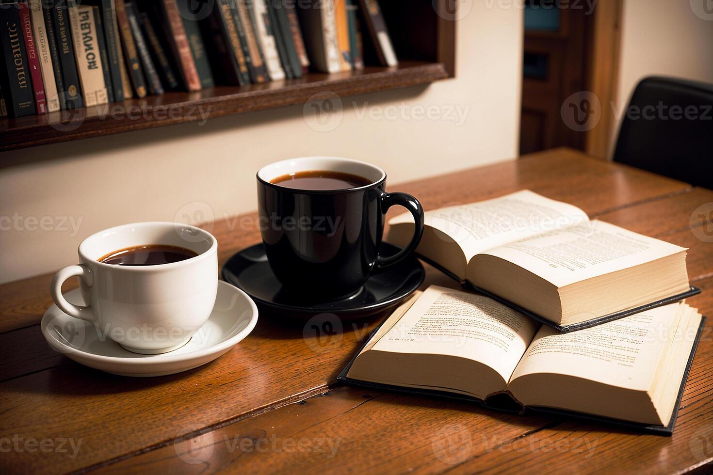 realista foto de un café taza y libro en madera mesa en un café tienda con acogedor atmósfera, ai generativo