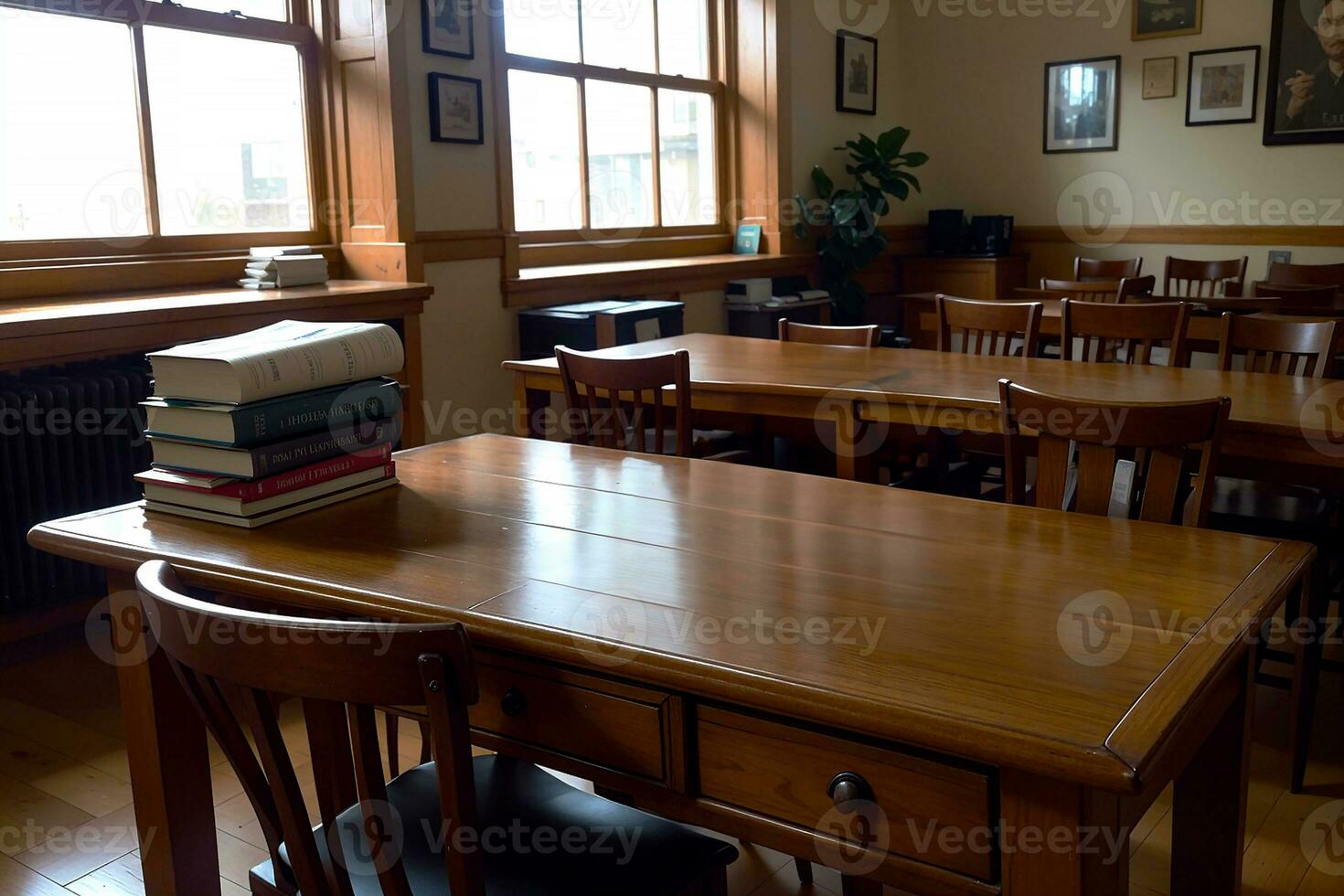 realista foto de libro en madera escritorio en un biblioteca estudiar habitación con acogedor atmósfera