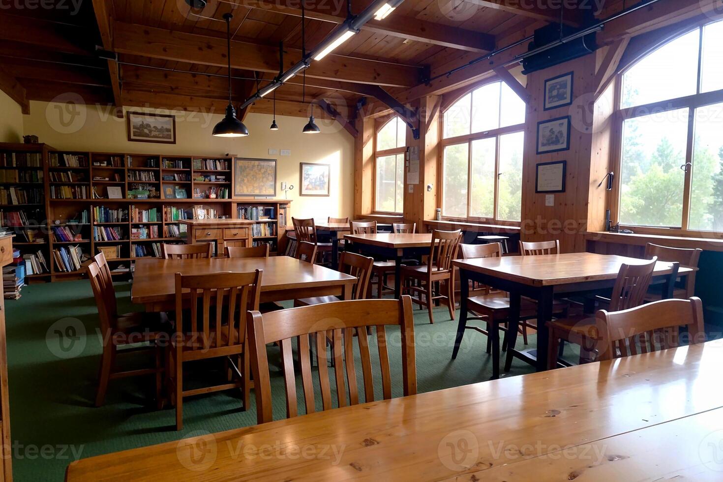 Realistic photo interior of wood table chairs with bright window lighty library study room, AI Generative