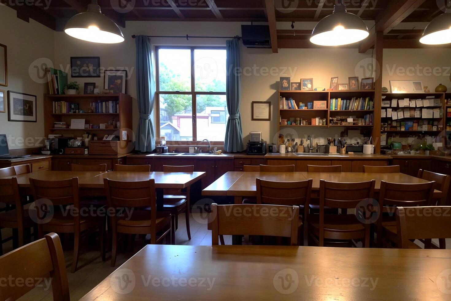 Realistic photo interior of wood table chairs with bright window lighty library study room,