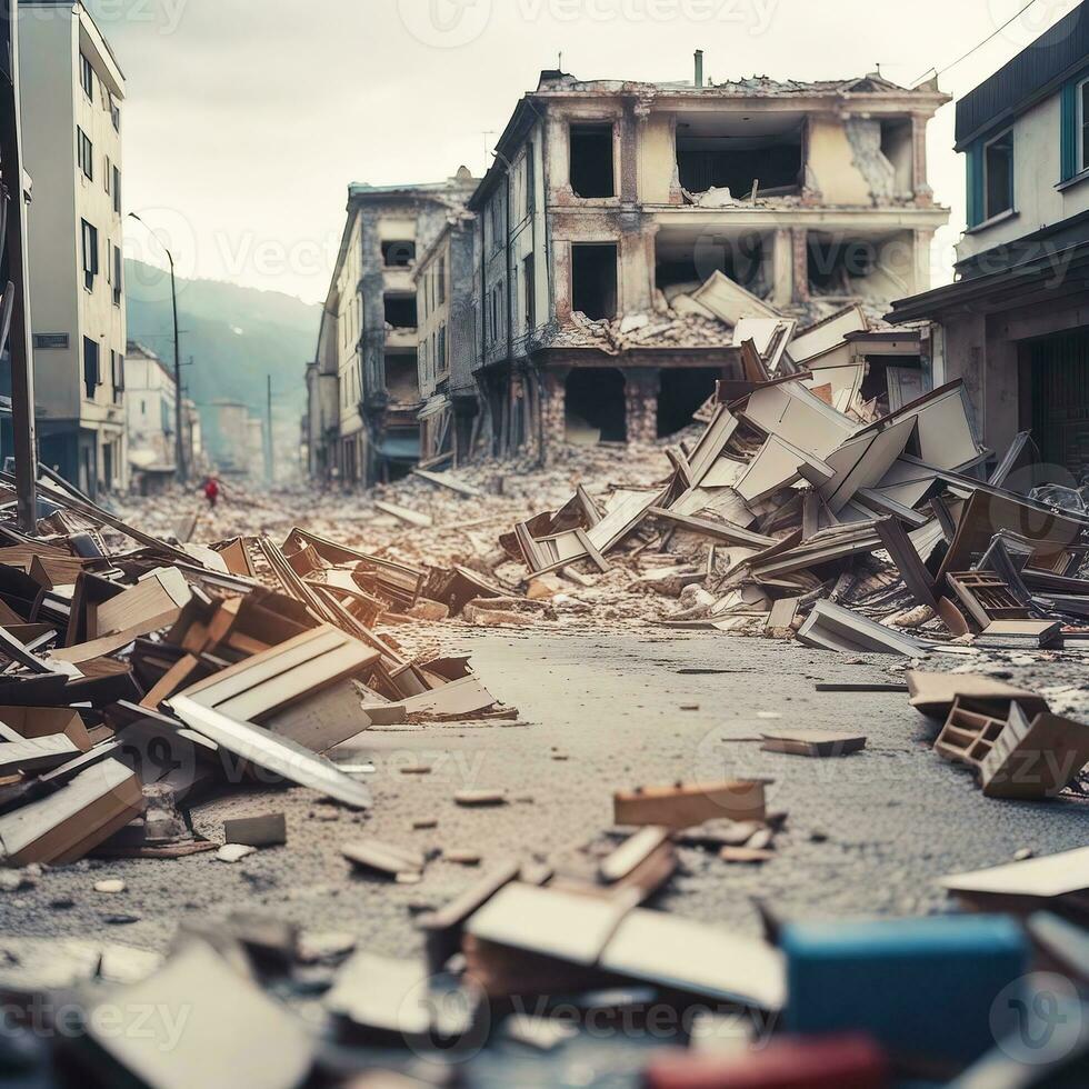 Massive devastation broken building debris after earthquake, AI generative photo