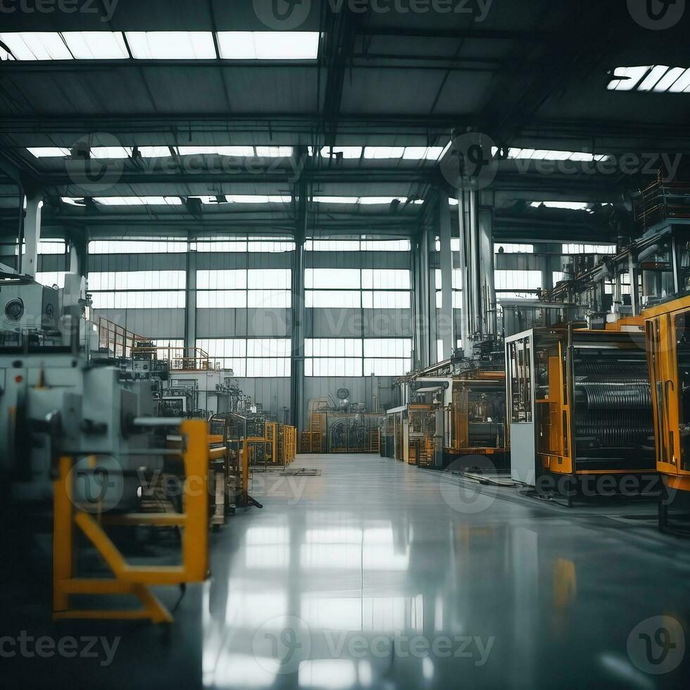 Modern factory interior with mechanic machines, AI generative photo
