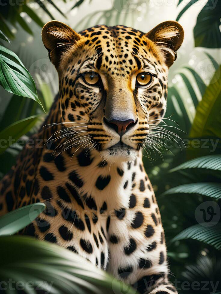 Photography portrait of Leopard in lush jungle, generative AI photo