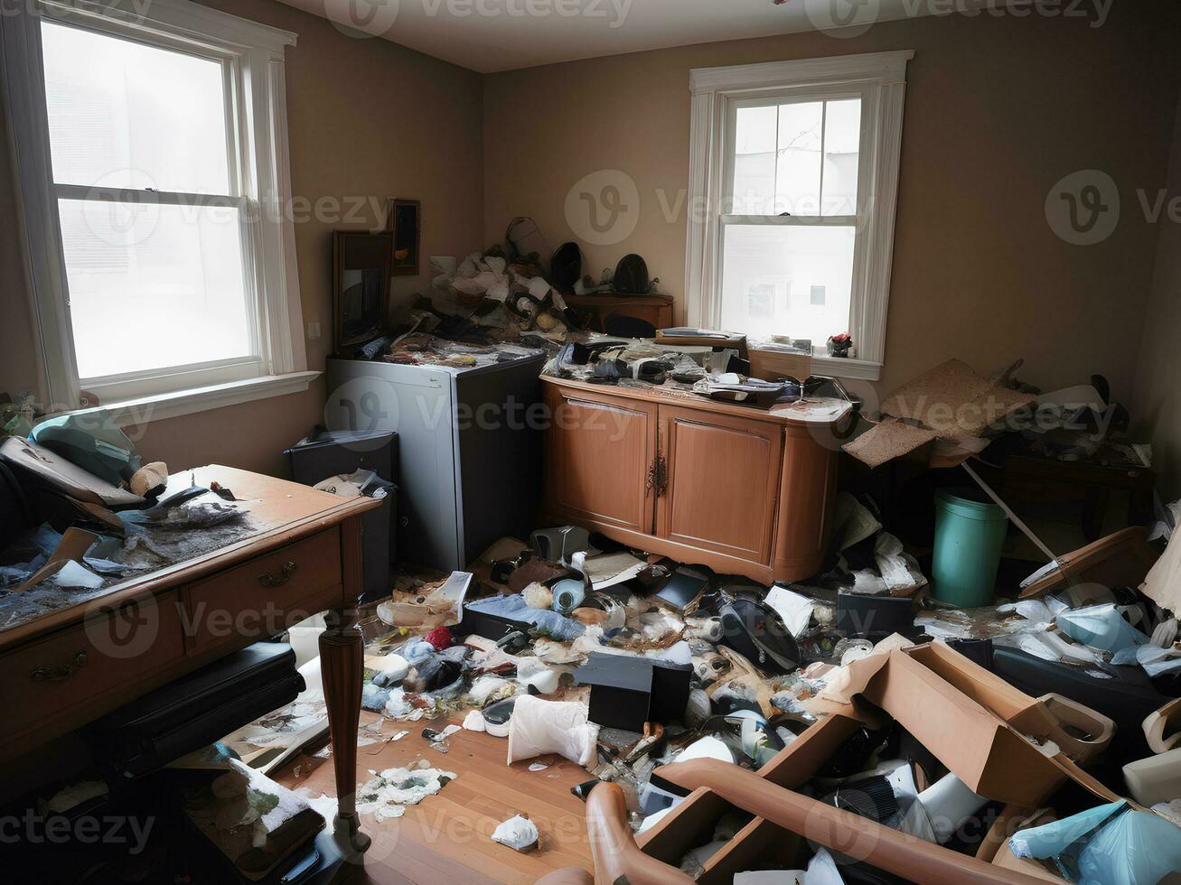 Photograph of a cluttered living space filled with trash debris broken furniture photo