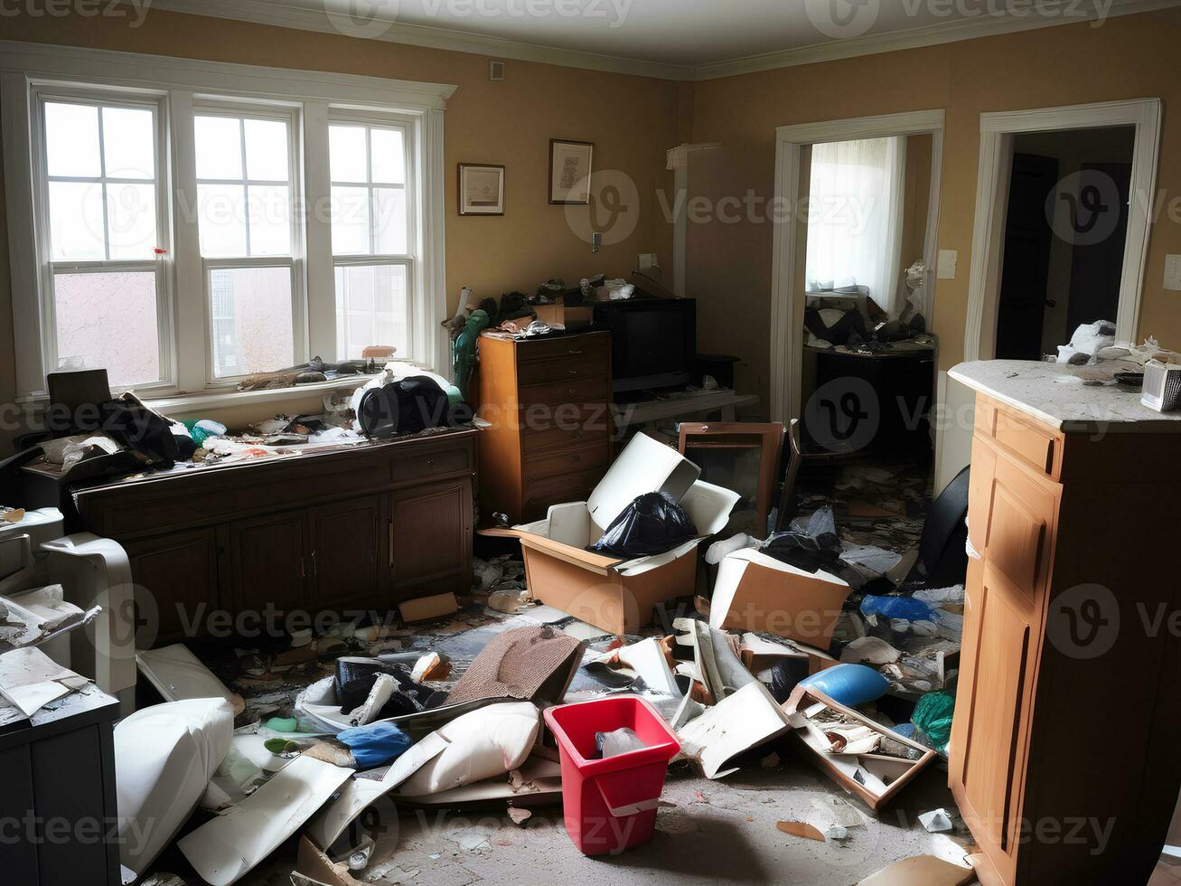 Photograph of a cluttered living space filled with trash debris broken furniture, AI Generative photo