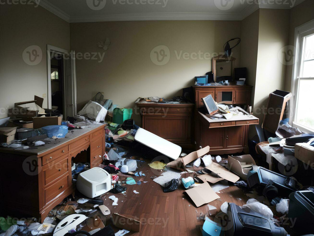 fotografía de un desordenado vivo espacio lleno con basura escombros roto muebles, ai generativo foto