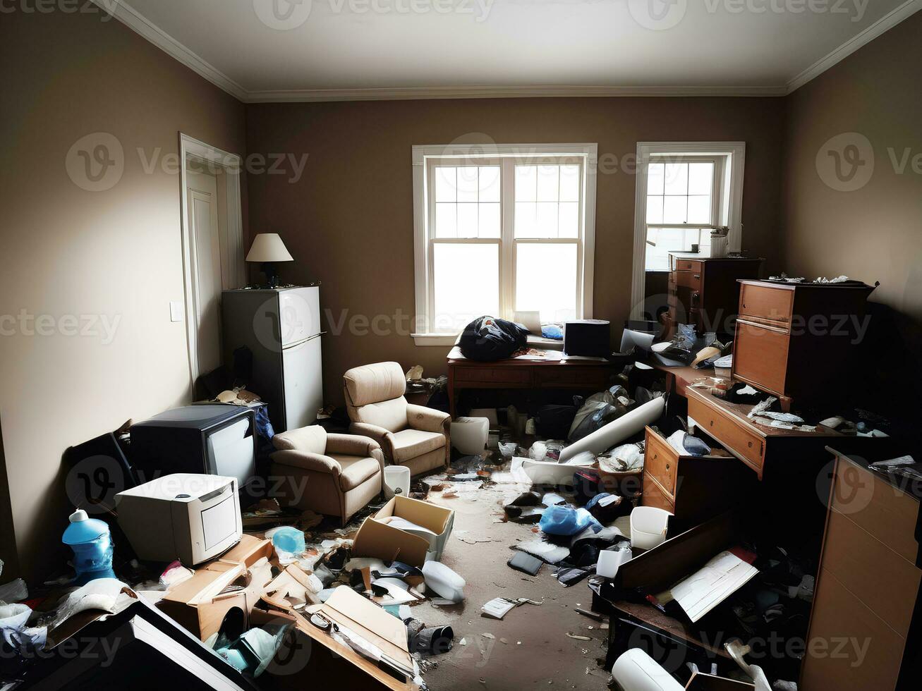 Photograph of a cluttered living space filled with trash debris broken furniture photo