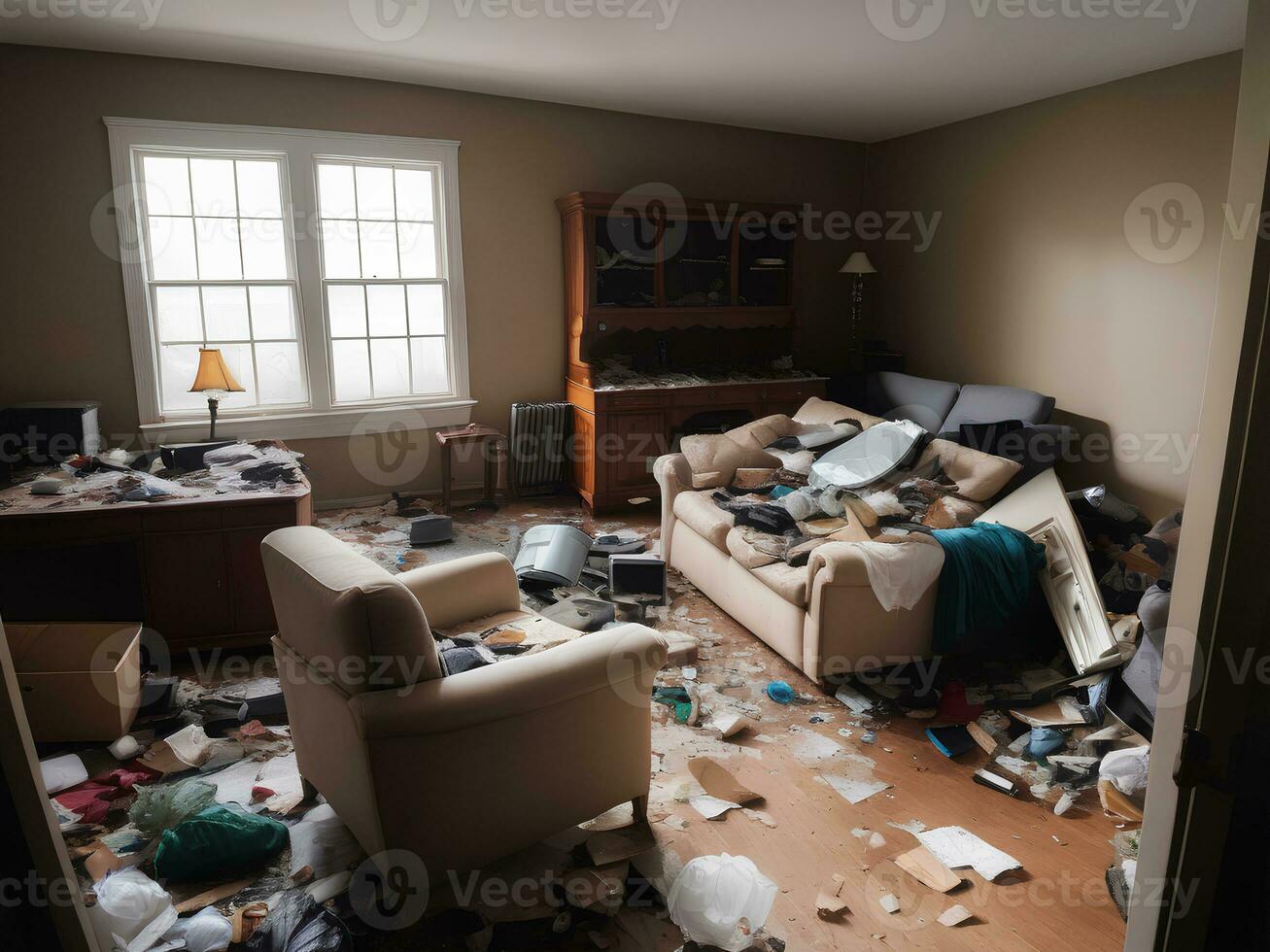 fotografía de un desordenado vivo espacio lleno con basura escombros roto muebles, ai generativo foto