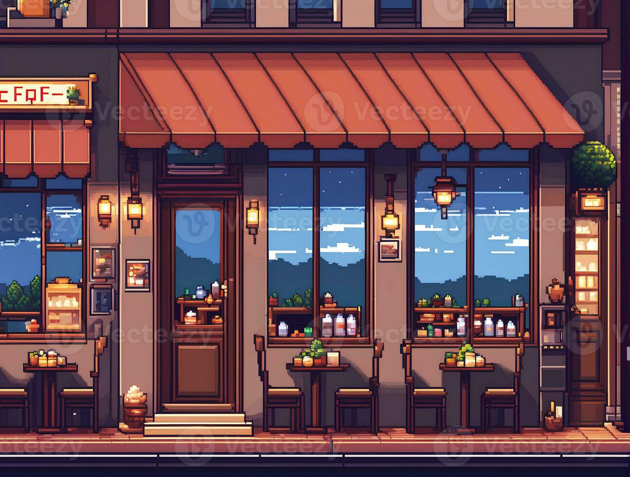 Pixel art illustration of a cozy cafe side view, AI Generative photo