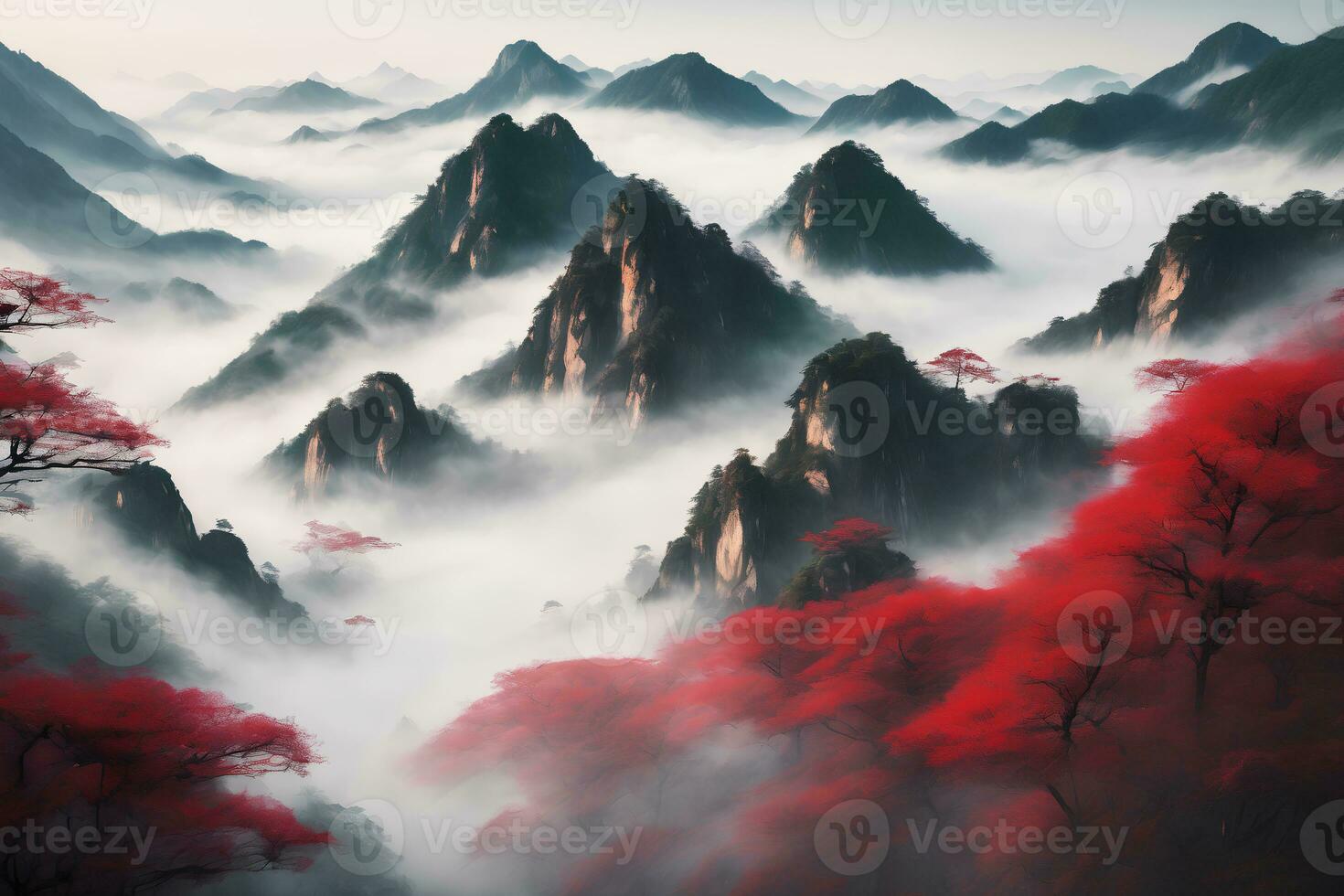 Landscape illustration of misty mountain in China, AI Generative photo