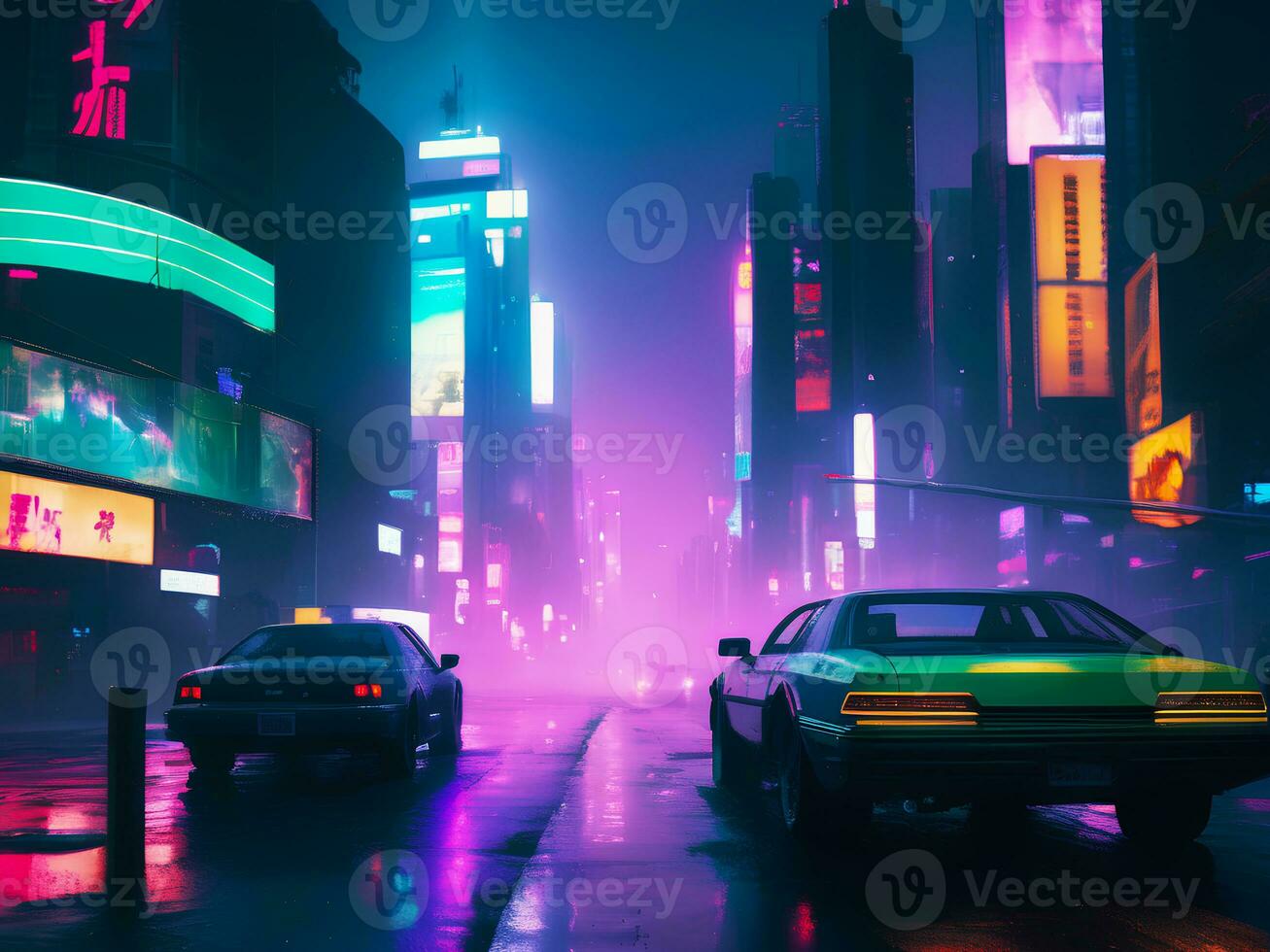 Landscape illustration of neon vaporwave cyberpunk city street and car photo