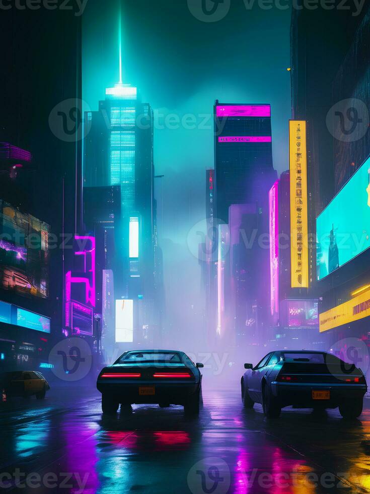 Landscape illustration of neon vaporwave cyberpunk city street and car, AI Generative photo