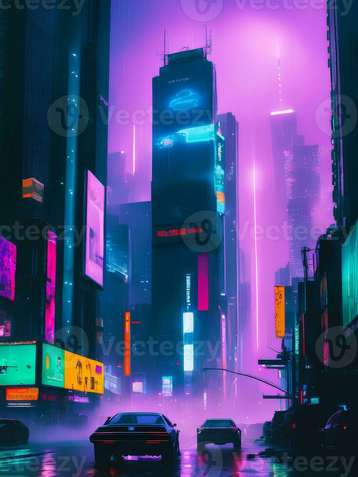 paisaje ilustración de neón onda de vapor cyberpunk ciudad calle y coche foto