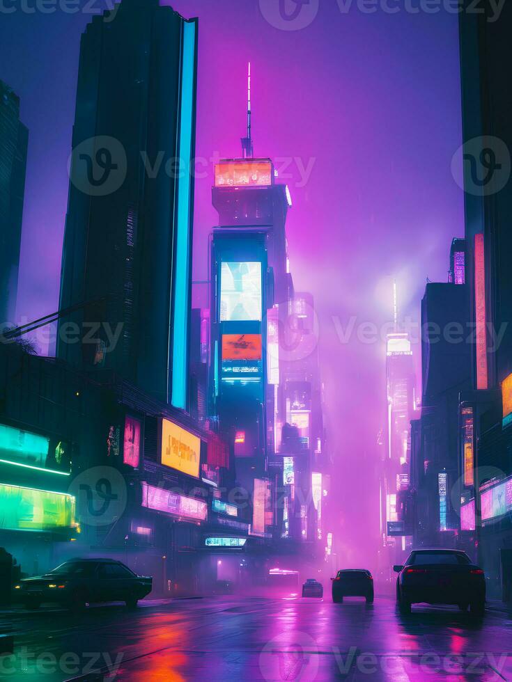 Landscape illustration of neon vaporwave cyberpunk city street photo