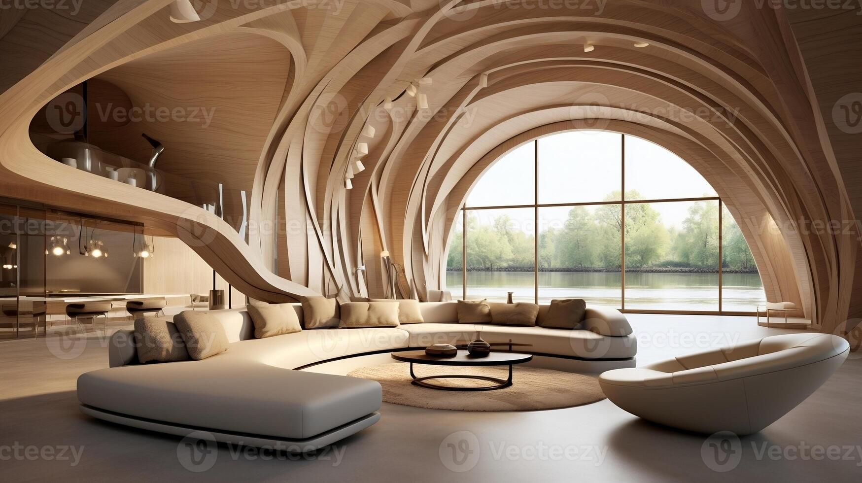The interior design of the modern living room with abstract wooden arched ceiling and wall with curved lines photo