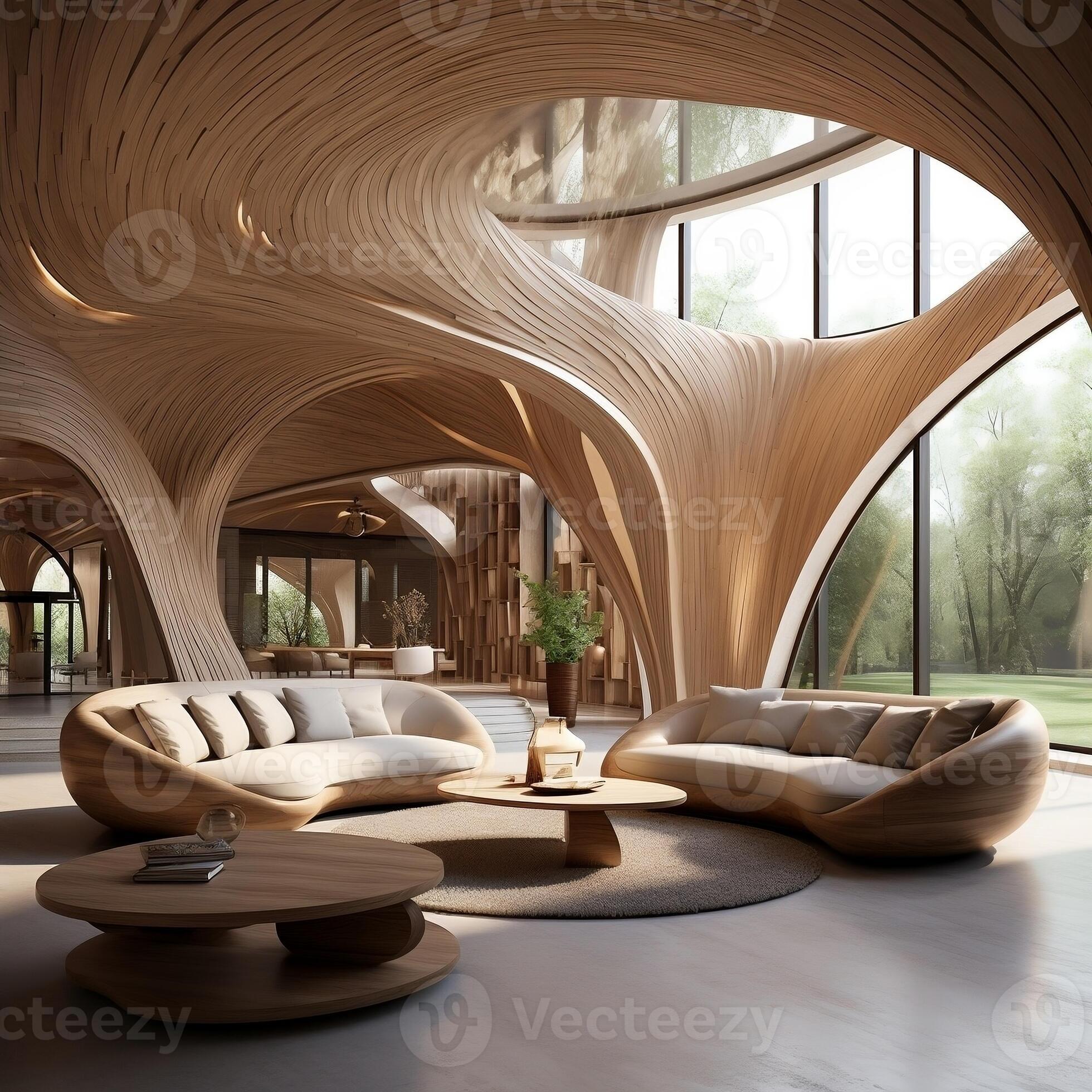 The interior design of the modern living room with abstract wooden