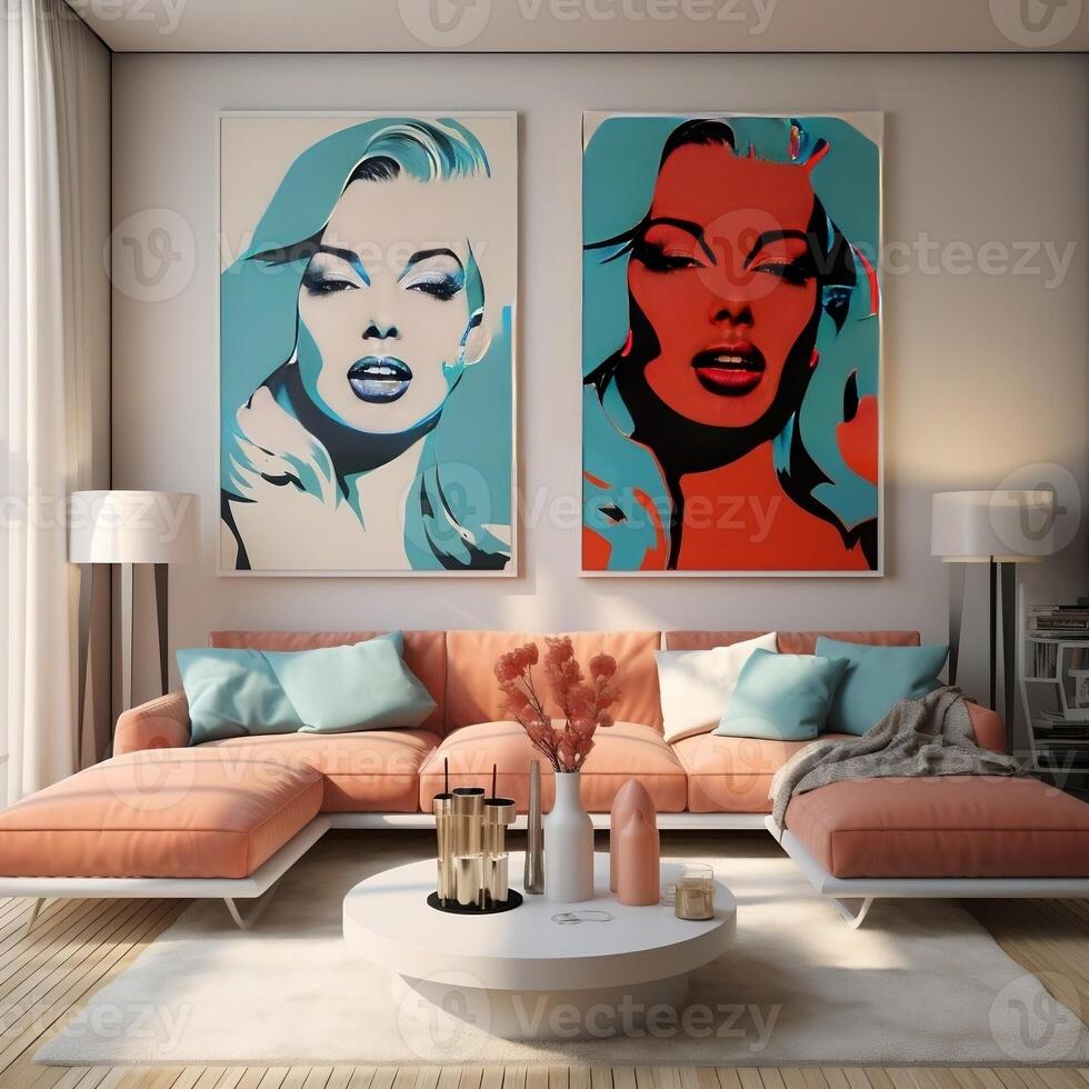 Pop art style interior design of the modern living room with two beige ...