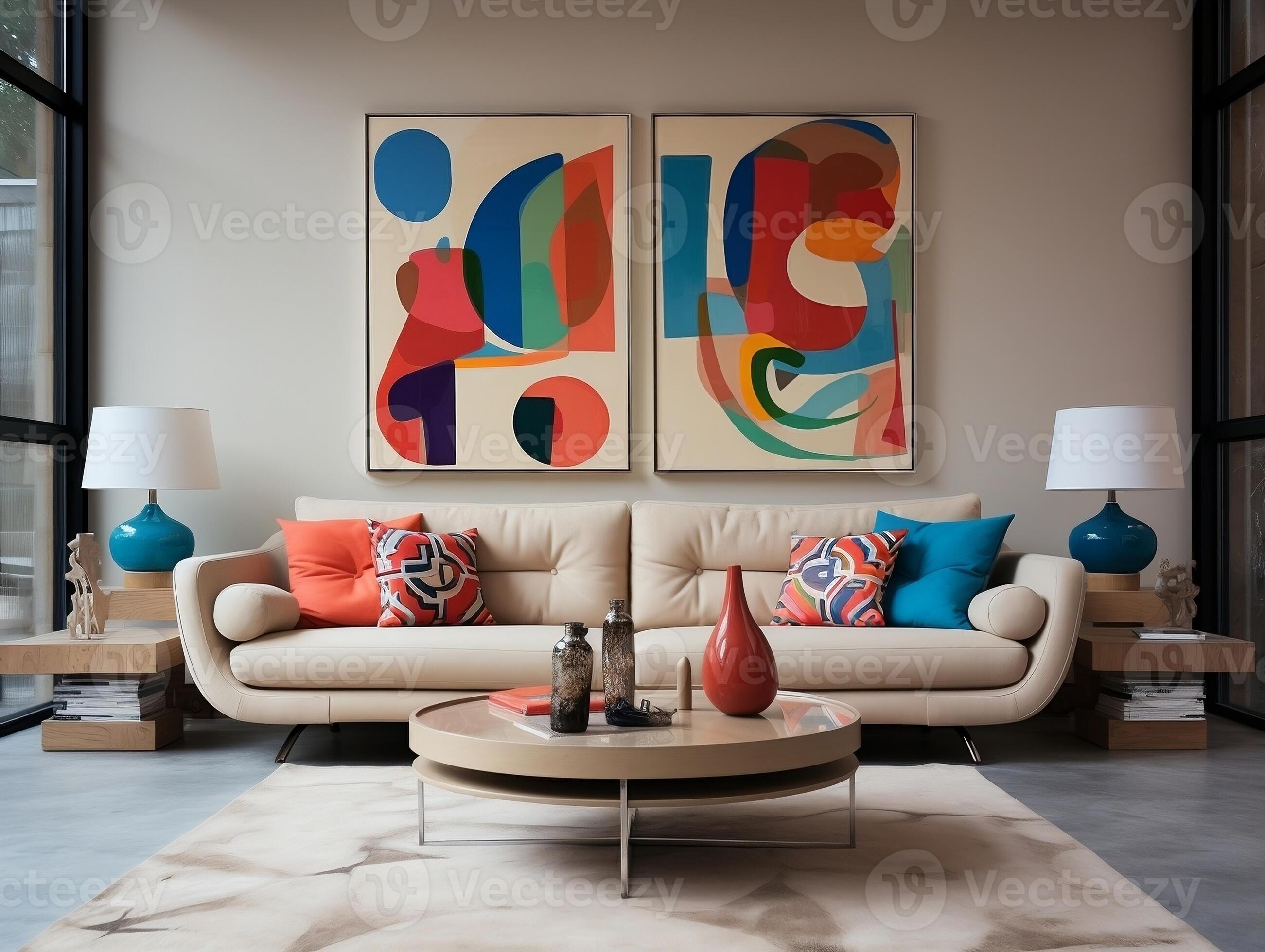 Pop Art Style Interior Design Of The Modern Living Room With Two Beige pop-art-style-interior-design-of-the-modern-living-room-with-two-beige