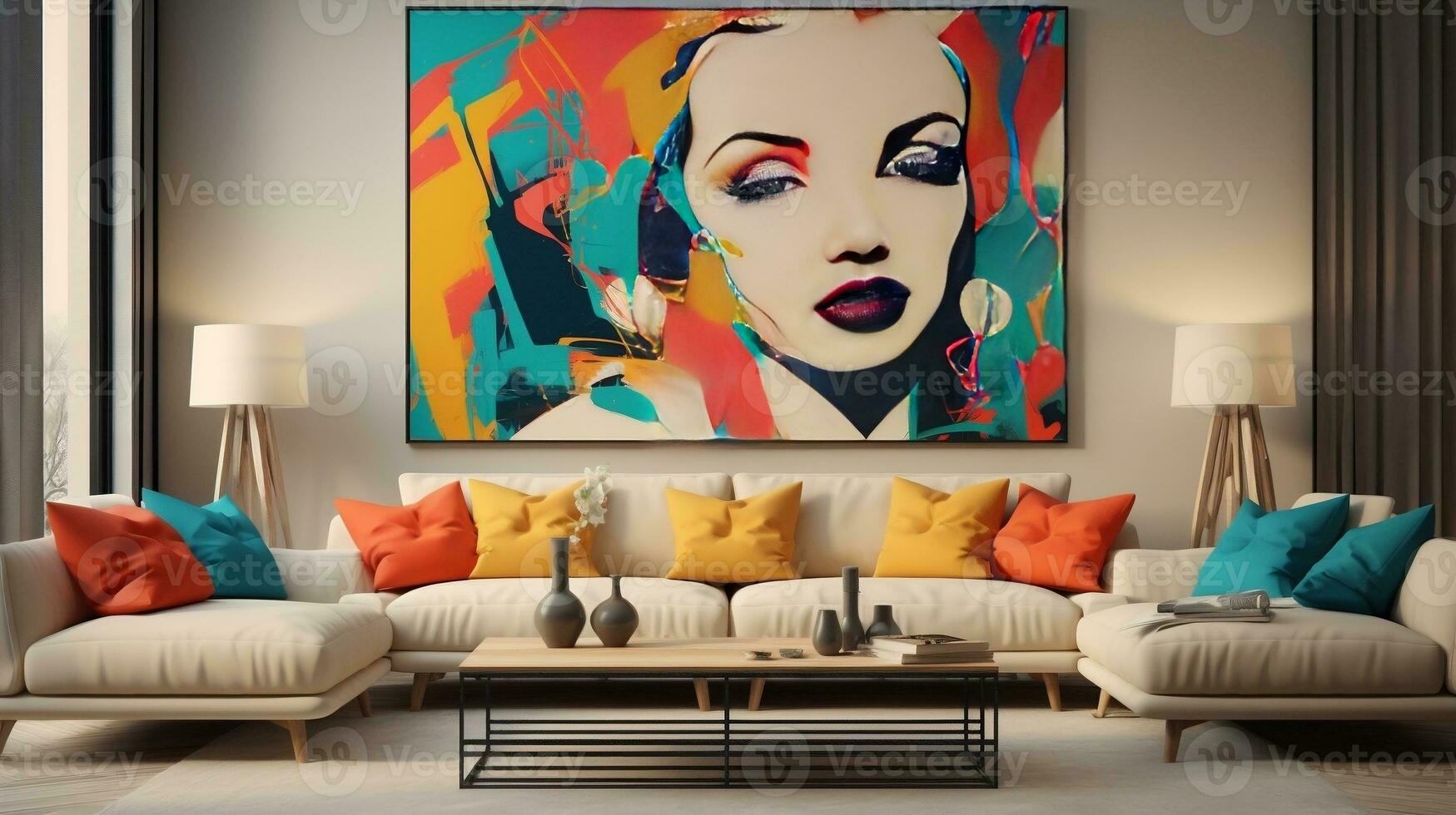 Pop art style interior design of the modern living room with two beige ...