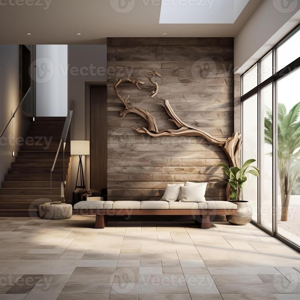 The coastal interior design of the modern entrance hall with stone