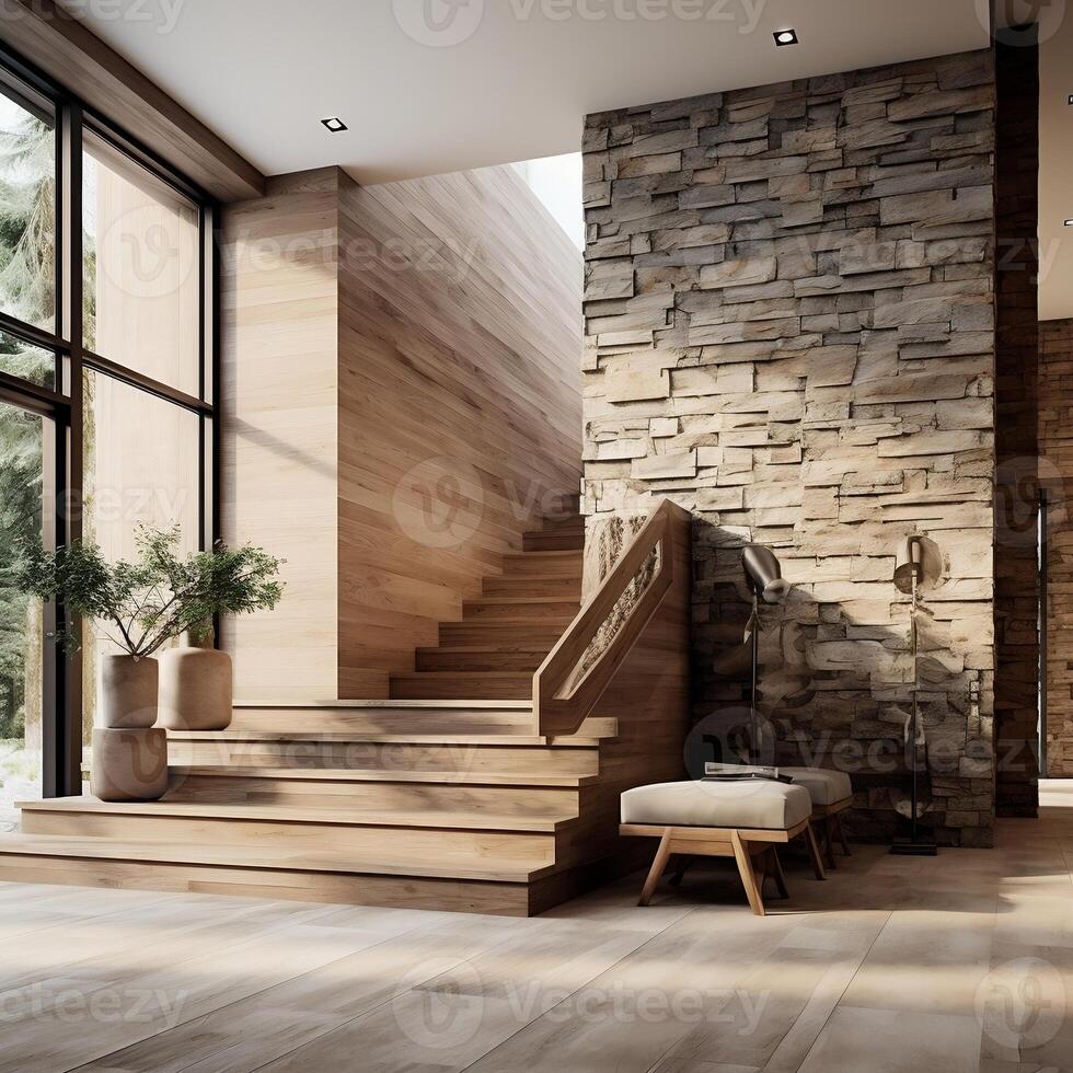 The coastal interior design of the modern entrance hall with stone