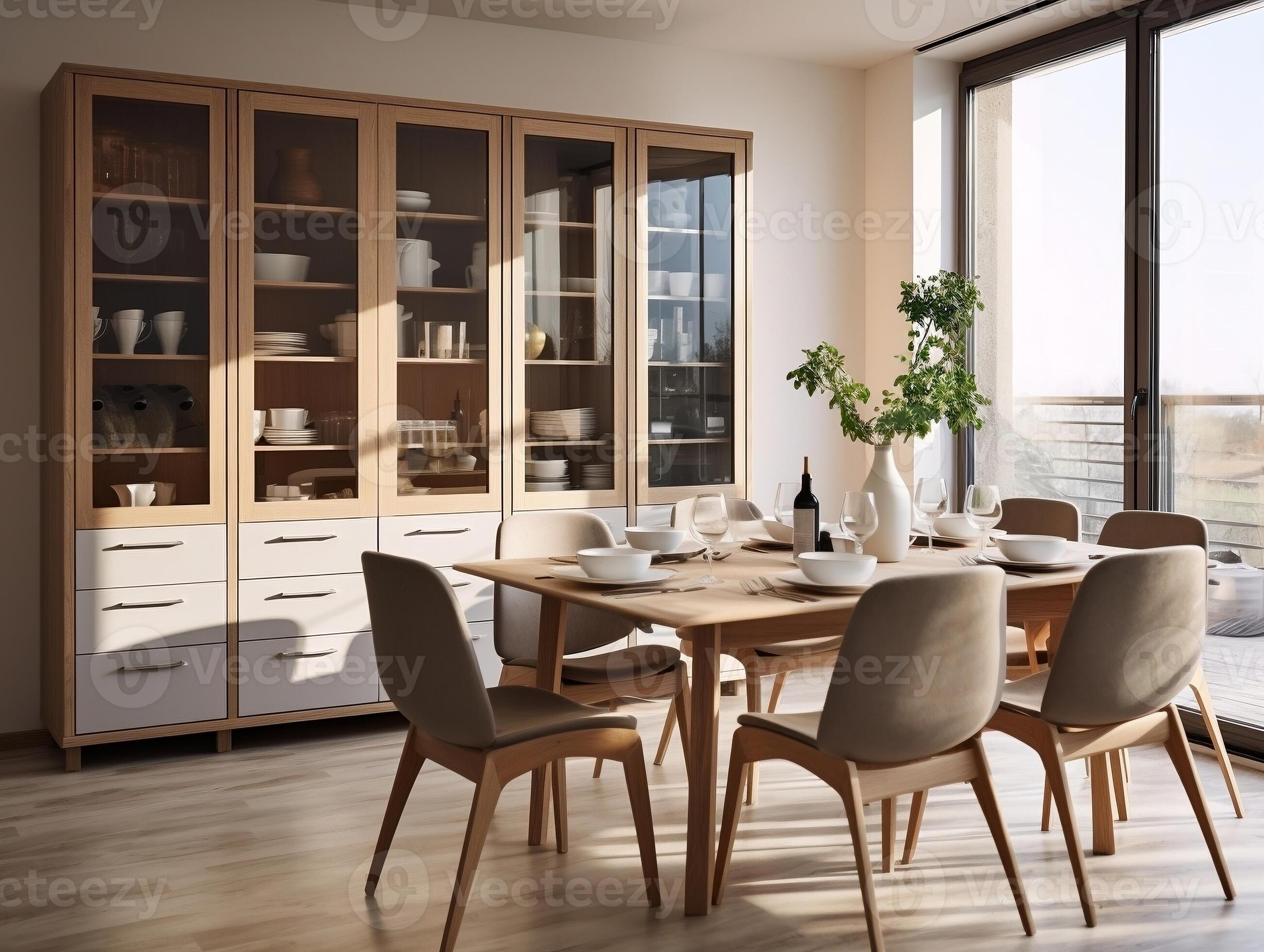 The interior design of the modern dining room with cupboard generative