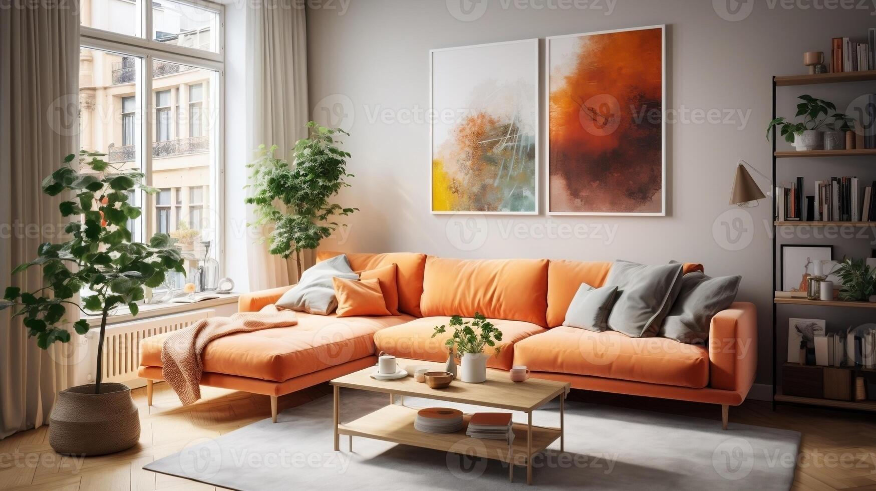 Orange couch living room deals