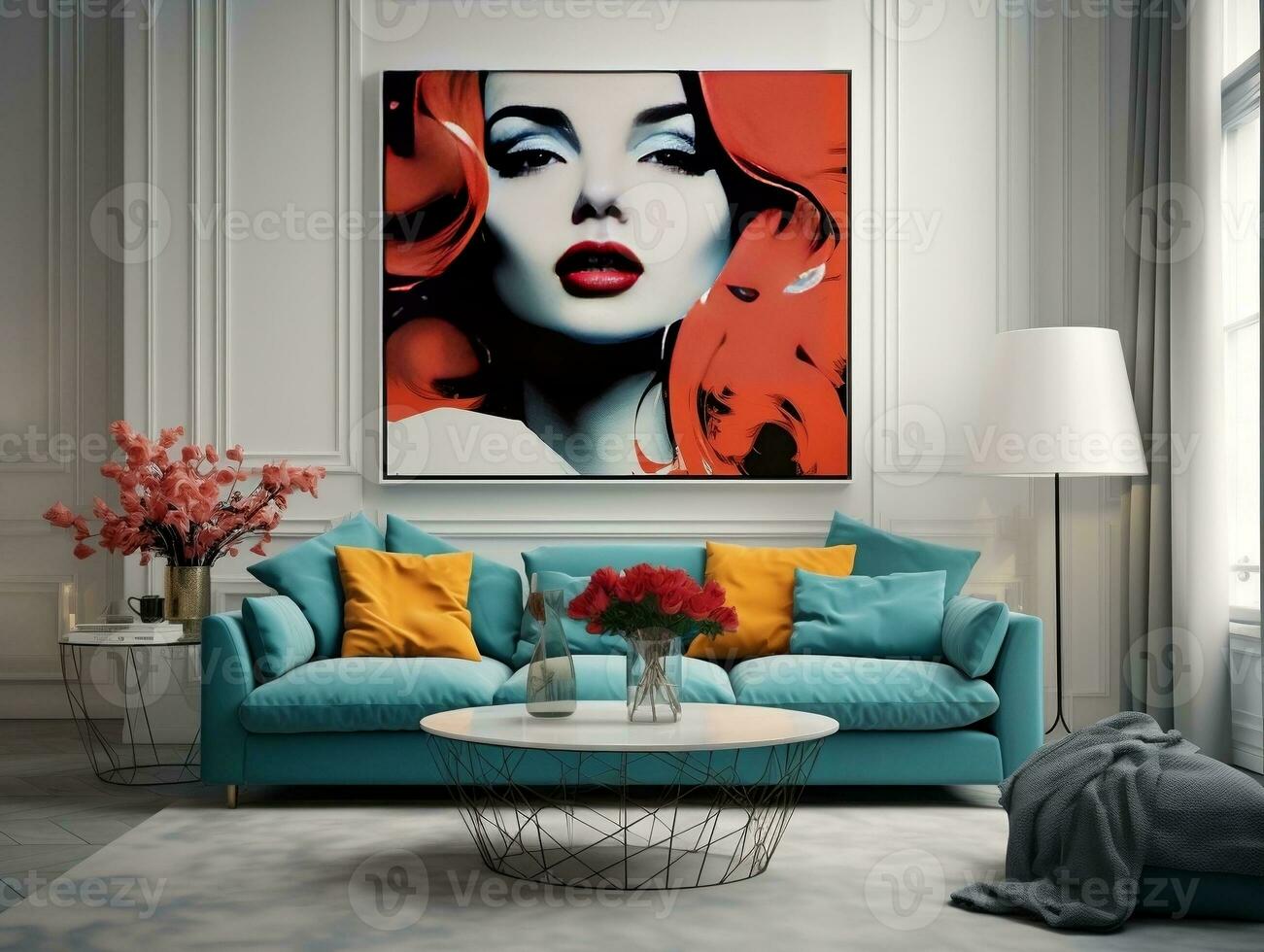 interior diseño de moderno vivo habitación con turquesa sofá y grande carteles generativo ai foto