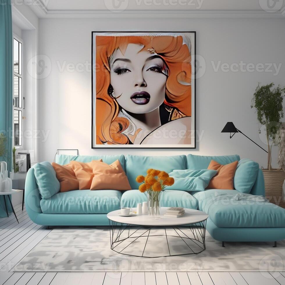 Interior design of modern living room with turquoise sofa and big posters generative ai photo