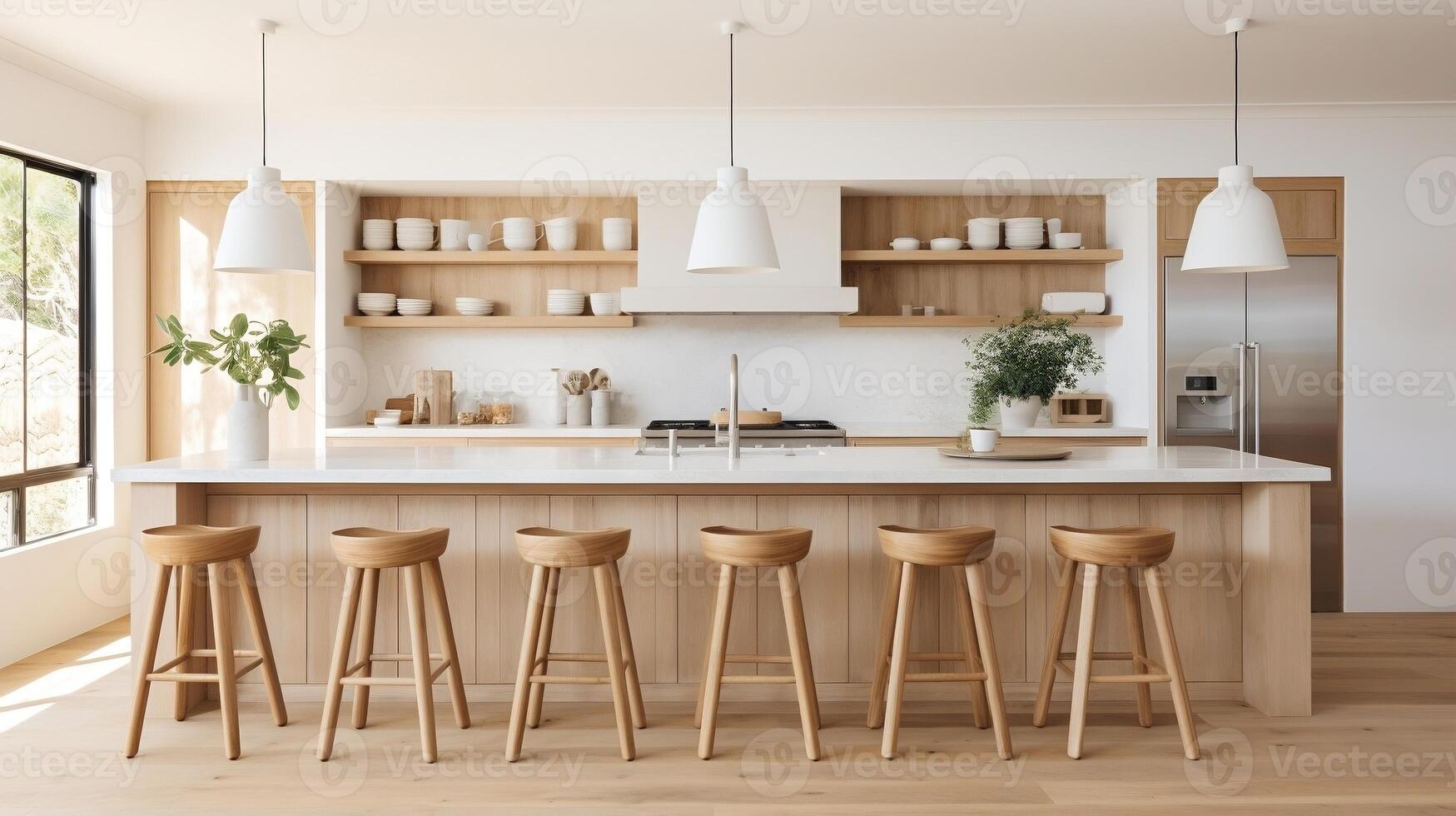 Interior design of kitchen with marble island and wooden stools photo
