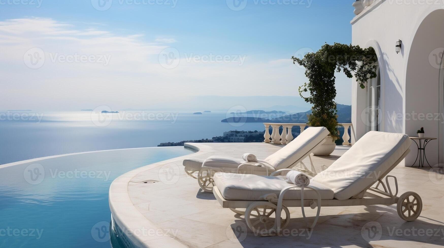 Two deck chairs on terrace with pool and stunning sea view photo