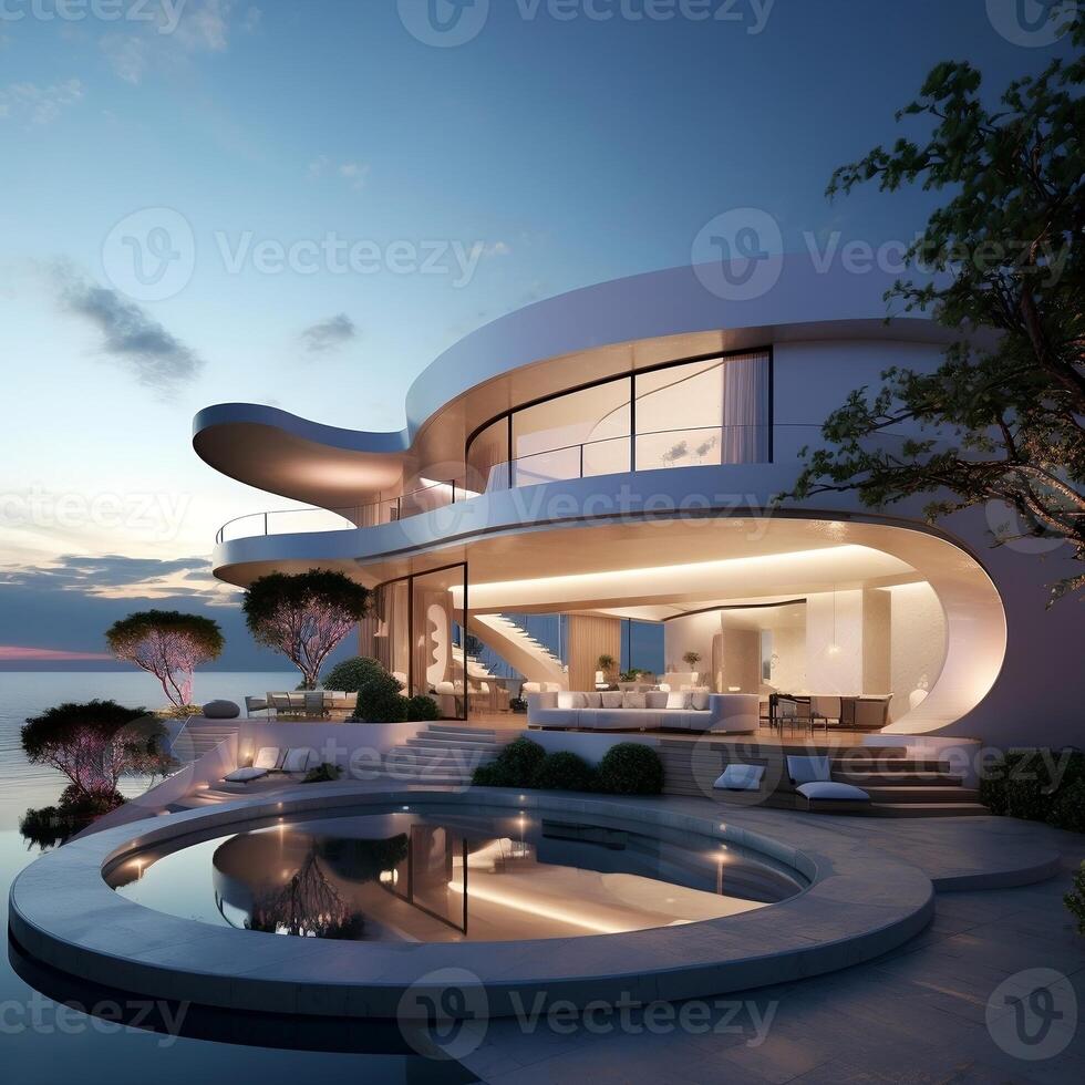 Modern minimalist round and curved shaped luxury house villa with terrace on sea shore at sunset photo