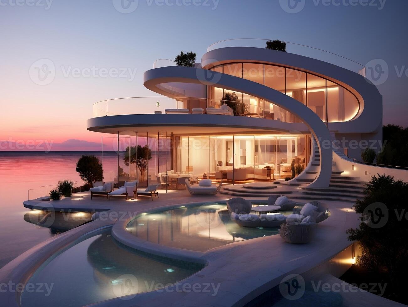 Modern minimalist round and curved shaped luxury house villa with terrace on sea shore at sunset photo