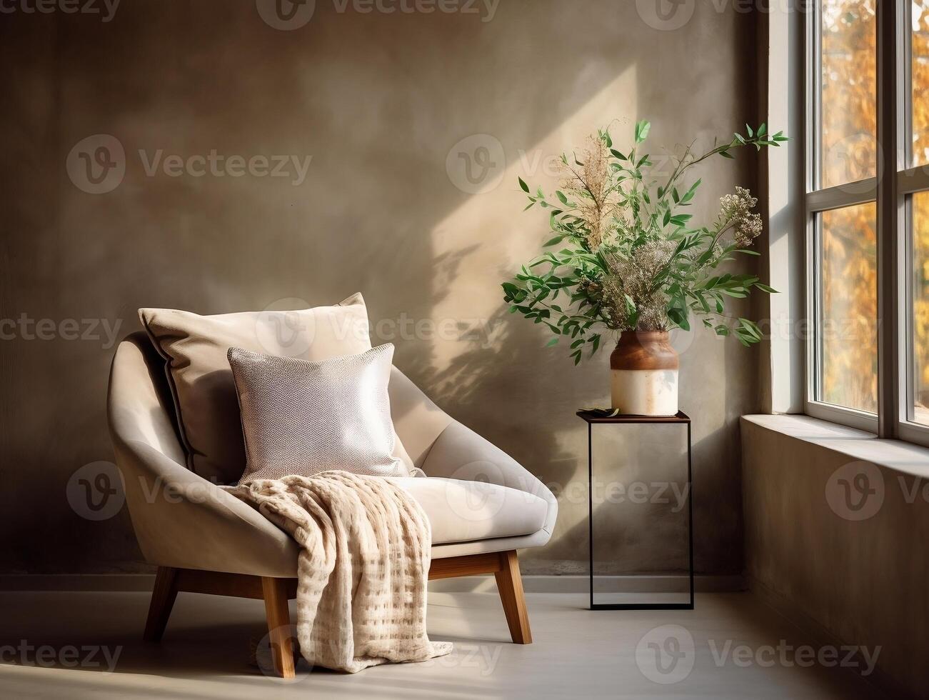 Lounge chair against window near beige stucco wall interior design of