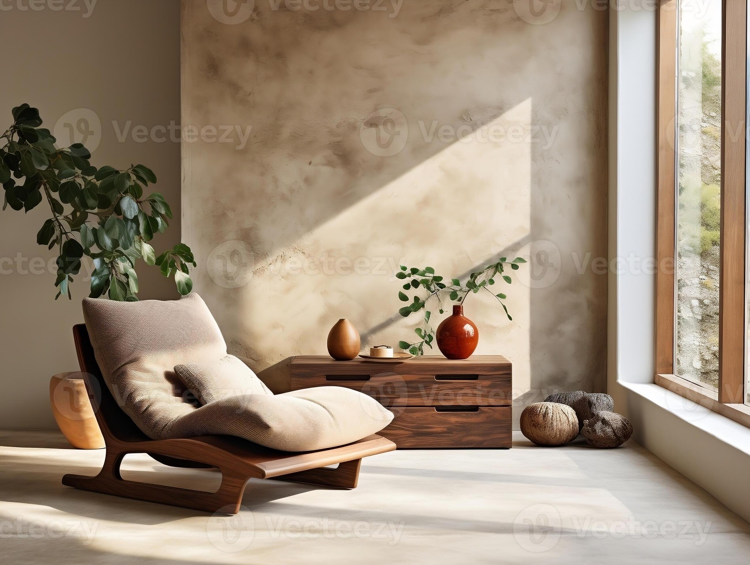 Lounge chair against window near beige stucco wall interior design of