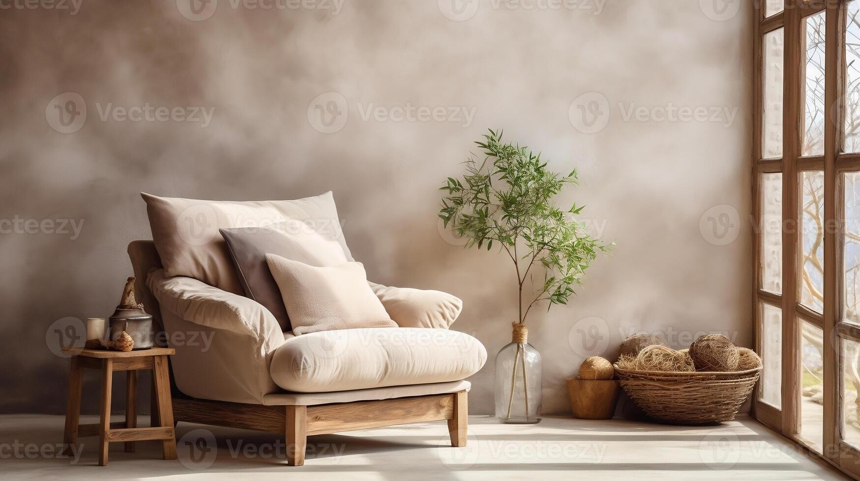 Lounge chair against window near beige stucco wall interior design of