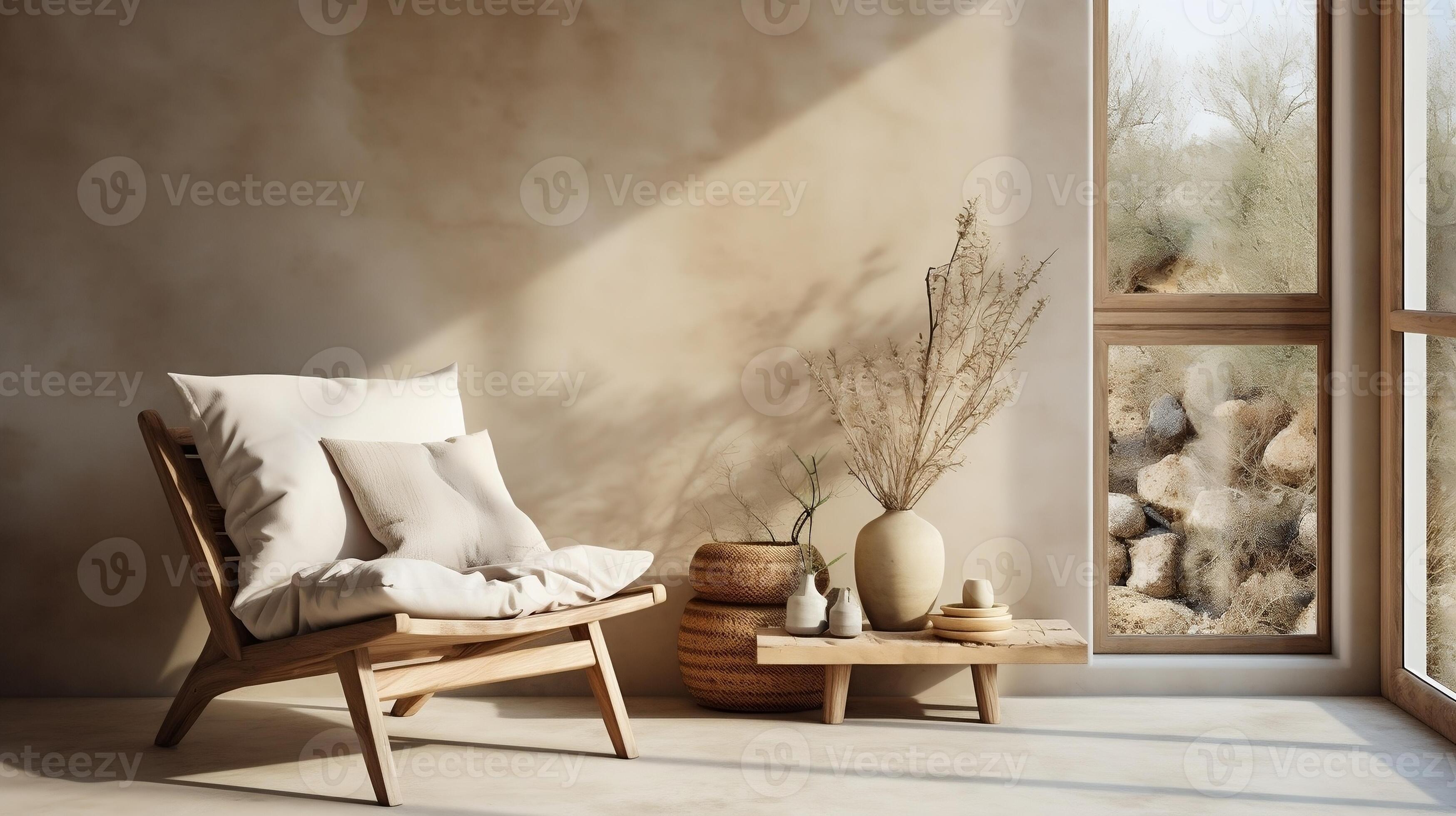 Lounge chair against window near beige stucco wall interior design of