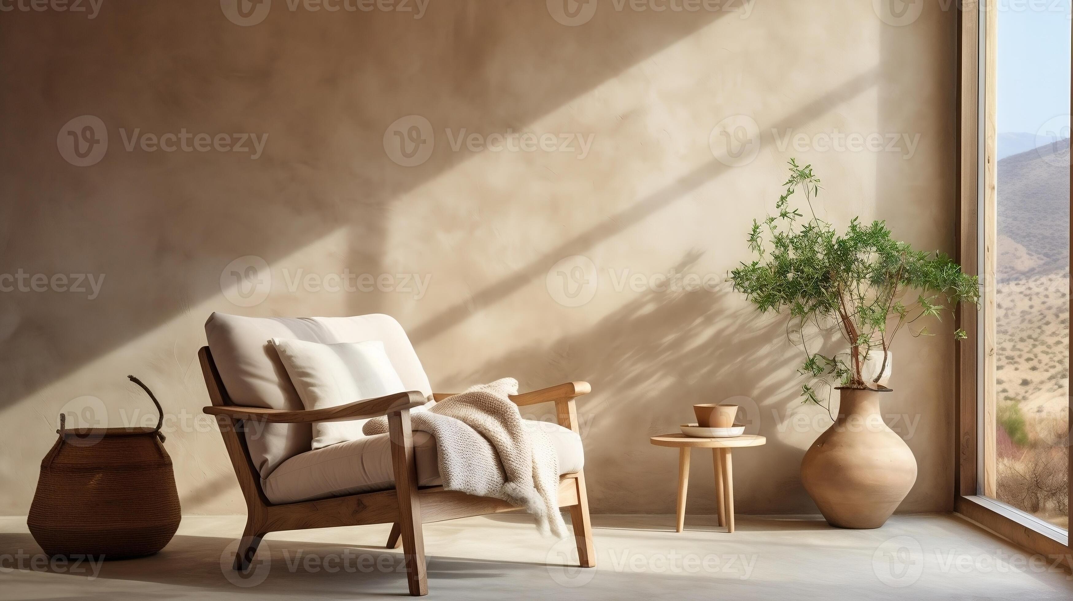 Lounge chair against window near beige stucco wall interior design of