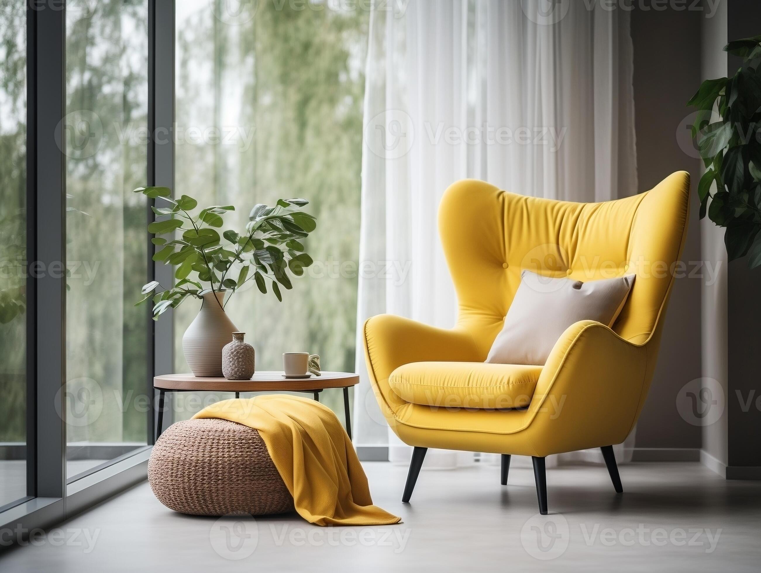 Yellow mid century armchair against of window dressed with white