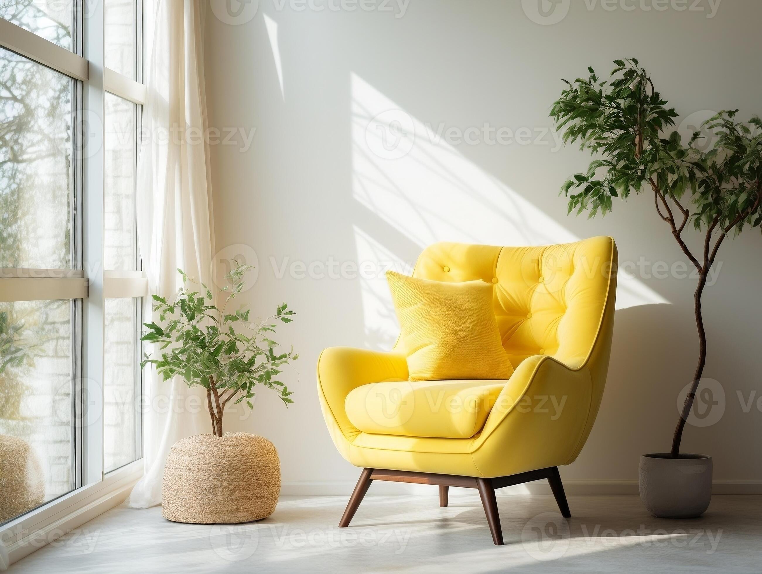 Yellow mid century armchair against of window dressed with white