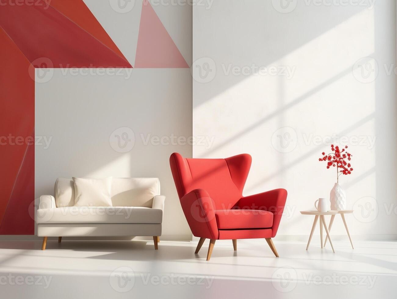 Red wingback chair and white sofa in bright room interior design of modern living room with abstract geometric shapes photo