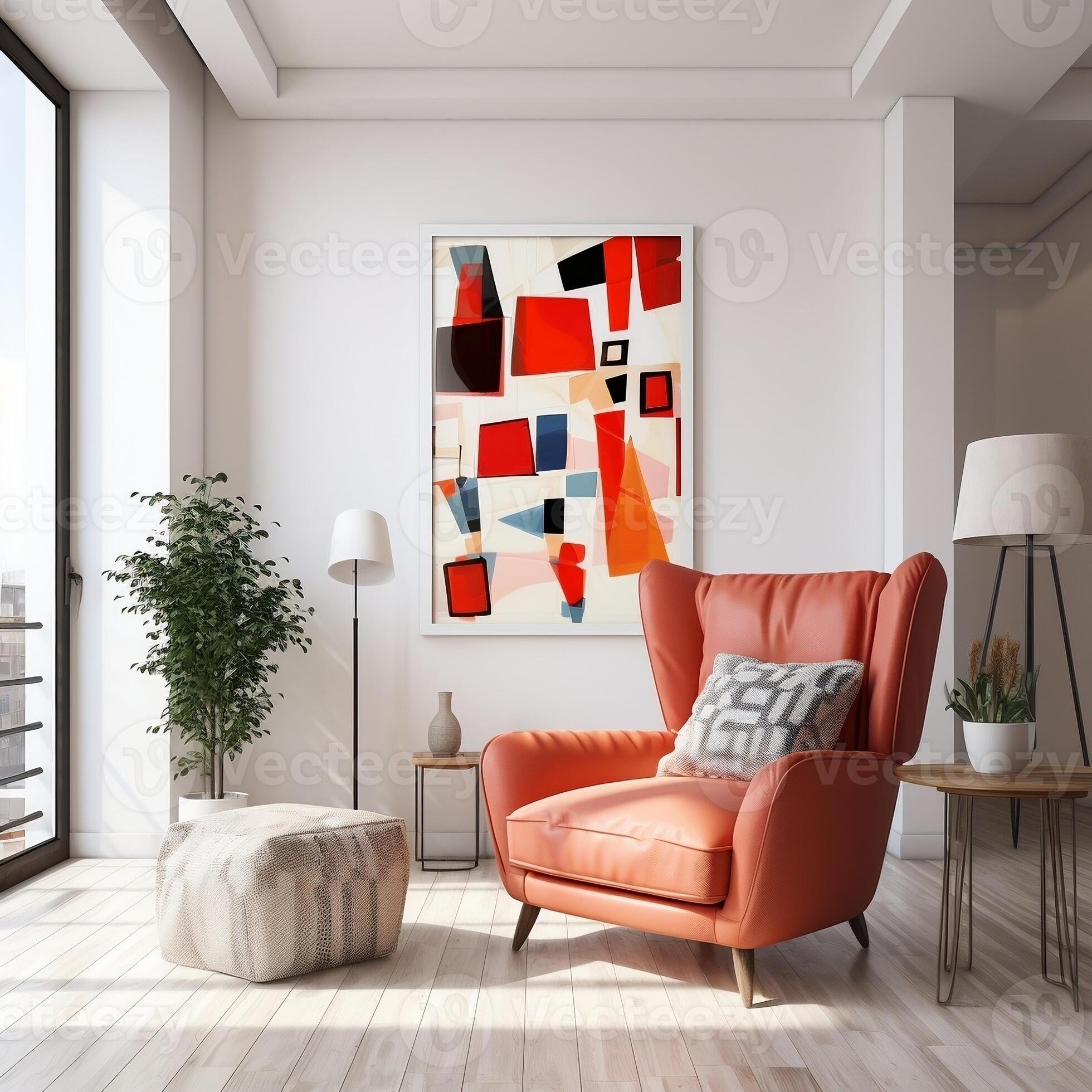 Red wingback chair and white sofa in bright room interior design of