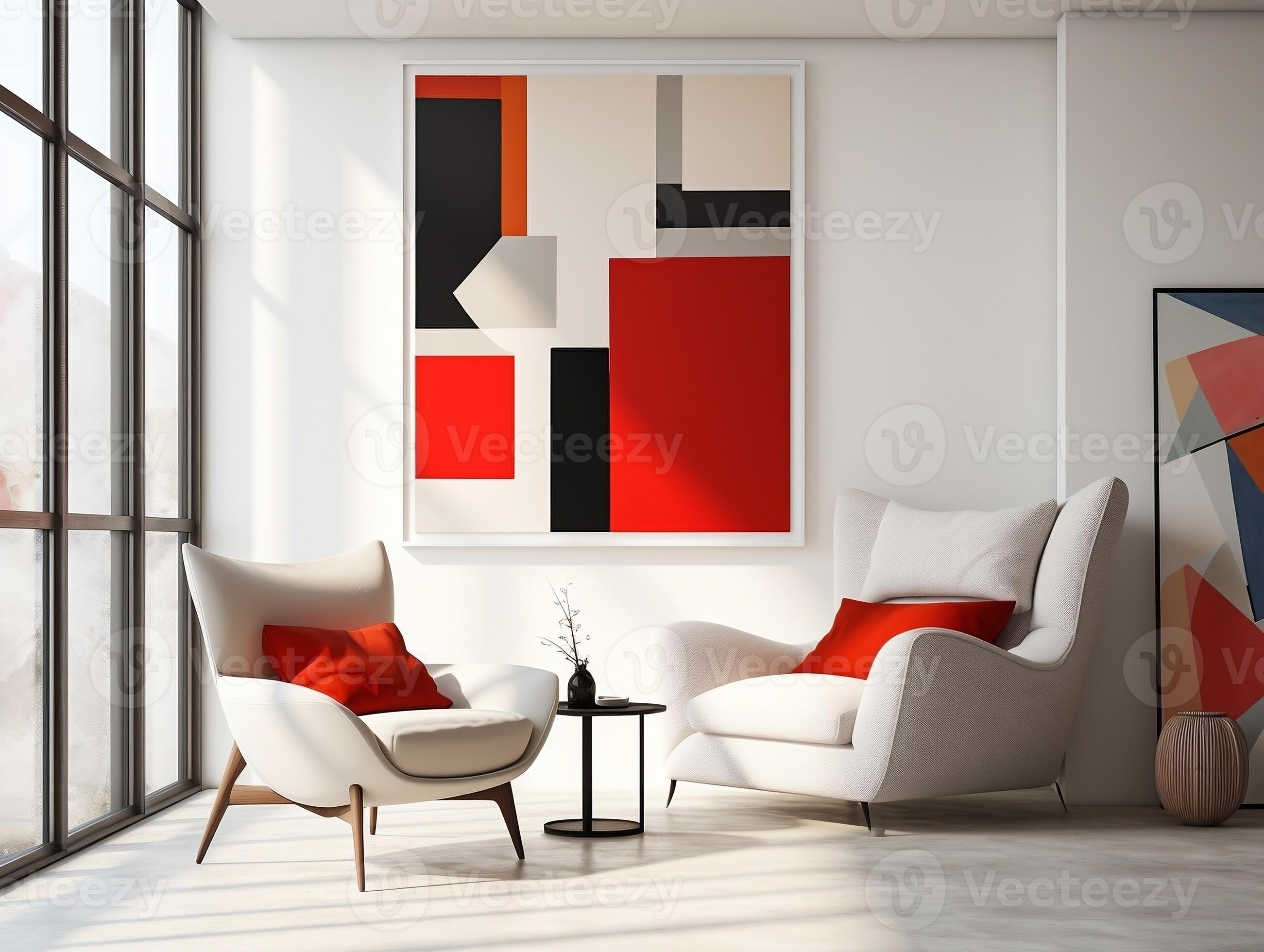 Red wingback chair and white sofa in bright room interior design of